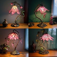 four different views of a pink flower lamp