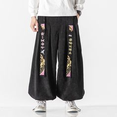 Vintage Crane Harem Pants Flutter Embroidered Corduroy Harlan Trousers Man Baggy Wide Leg Lantern Fall Embroidered Wide Leg Pants, Embroidered Cotton Bottoms For Fall, Black Embroidered Cotton Bottoms, Embroidered Wide Leg Streetwear Pants, Baggy Embroidered Cotton Bottoms, Embroidered Wide Leg Pants For Streetwear, Embroidered Cotton Wide Leg Bottoms, Embroidered Cotton Ankle-length Pants, Embroidered Cotton Harem Pants For Spring