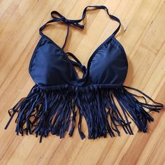 Fun And Flirty Black Tassel Triangle Halter Bikini Top. Size Medium. New Condition! Removable Padding. Fitted Fringe Swimwear For Vacation, Party Beachwear Swimwear With Tassels, Party Swimwear With Tassels For Beach Season, Bohemian Triangle Top Swimwear For Party, Summer Festival Swimwear With Fringe, Summer Party Swimwear With Fringe, Summer Party Halter Top With Fringe, Summer Fringe Halter Top For Party, Summer Party Fringe Halter Top