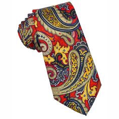 Elevate your formal attire with our exquisite Floral Tie in striking shades of red, orange, and yellow paisley. This necktie is a true masterpiece, crafted from luxurious silk, known for its smooth texture and elegant drape. The intricate floral paisley pattern adds a touch of timeless sophistication to any ensemble, making it a versatile choice for weddings, business meetings, or special occasions. Whether you're looking to make a statement or simply appreciate fine craftsmanship, this tie embo Multicolor Paisley Print Suit And Tie Accessories For Business, Elegant Multicolor Paisley Print Ties, Elegant Multicolor Paisley Print Suit And Tie Accessories, Formal Multicolor Paisley Suit And Tie Accessories, Red Semi-formal Necktie, Red Semi-formal Standard Tie, Red Standard Tie For Semi-formal Occasions, Red Necktie For Semi-formal Occasions, Formal Red Silk Tie