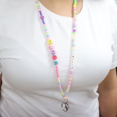 Custom name lanyard is a bead teacher lanyard. This pastel rainbow fun lanyard is special gift for teacher. It can be a badge necklace or badge holder. Colorful lanyards are the perfect addition to your summer jewelry collection. Add some pop color to any outfit when you wear this fun lanyard set. You can choose several length. Extra small: 24'' Small: 30'' Medium: 32'' Large: 34'' W H Y - Y O U ' L L - L O V E - I T ♥ * It's dainty can be worn every day * A special piece you'll treasure * High Trendy Multicolor Lanyards For Gifts, Trendy Multicolor Lanyards As Gifts, Multicolor Beaded Badge Reel As Gift, Handmade Multicolor Badge Holders As Gifts, Handmade Multicolor Badge Holders, Personalized Multicolor Badge Holders For School, Multicolor Lanyards With Key Leash As Gift, Multicolor Lanyard With Key Leash As Gift, Multicolor Lanyard With Key Leash For Gift