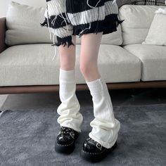 Striped Knitted Leg Warmers, Kawaii All-match Knee High Socks, Women's Stockings & Hosiery Black 1 Pair-One-size Wide Leg Warmers, Loose Leg Warmers, Cream Leg Warmers, Baggy Leg Warmers, Goth Kawaii Outfits, Chunky Leg Warmers, Legwarmers Outfit, Outfits With Leg Warmers, Y2k Leg Warmers