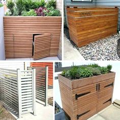 four different types of wooden planters on the side of a house