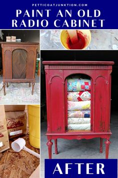 an old radio cabinet is painted red and has been repurposed to look like it was