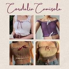 four pictures of different types of crochet tops with the words cordia camisole on them