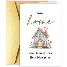 a new home card with a blue house on the front and green lettering that reads,'new home '