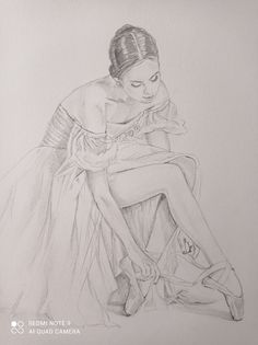 a pencil drawing of a woman sitting on the ground