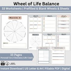 the wheel of life balance worksheet and printable sheets are shown in this image