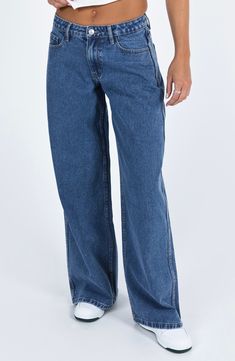 Flaunt vintage vibes in these medium-wash nonstretch jeans featuring a low-rise waist and full-length wide legs. 31 1/2" inseam; 26" leg opening; 10 1/2" front rise; 14" back rise (size 8) Zip fly with button closure Five-pocket style 70% cotton, 15% viscose, 15% polyester Machine wash, line dry Imported Dark Wash Jeans Outfit, Low Rise Wide Leg Jeans, Christian Modesty, Better Fashion, Friday Outfit, Low Rise Pants, Jeans Models, Trendy Jeans, Denim Belt