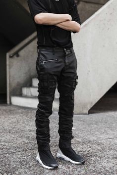 Black Leather Jeans For Streetwear, Urban Leather Straight Leg Pants For Streetwear, Urban Straight Leg Leather Pants For Streetwear, Leather Jeans For Streetwear, Edgy Black Leather Jeans, Fitted Techwear Jeans For Streetwear, Techwear Style Fitted Jeans For Streetwear, Edgy Leather Jeans For Streetwear, Edgy Fitted Cargo Jeans For Streetwear