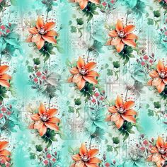 an orange and green flower pattern on a blue background