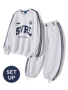 Editor's NotesInspired 90's vibe, these sporty track sweat sets are accented with contrasting double stripe tapes. They are made from high-quality cotton terry with soft touch and finished with silky washing.<Sweatshirt>- V-neck- Lettering print on the print- Logo embroidery- Double stripe tapes at sleeves- Ribbed edges- Oversized fit<Sweatpants>- Elasticated waistband with drawcord and stopper- Two front on-seam pockets- One back patch pocket- Double stripe tapes at side- Grosgrain Sporty Crew Neck Sweats With Logo Print, Sporty Logo Print Crew Neck Sweats, Sporty Streetwear Sweats With Logo Detail, Cotton Logo Print Sportswear Sweats, Sports Sweatpants With Logo Detail, Sweat Sets, Back Patch, Print Logo, Embroidery Logo