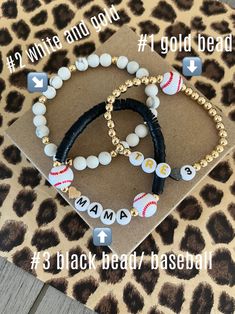 three beaded bracelets on top of a leopard print box with the words mama and 3 black bear baseball charms