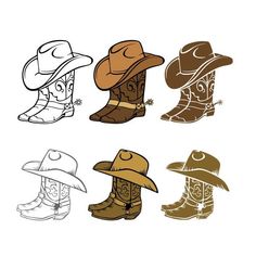 four cowboy hats with different colors and designs on the front, one in brown, one in