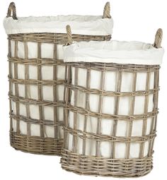 two wicker baskets with white linens are shown in front of a white background