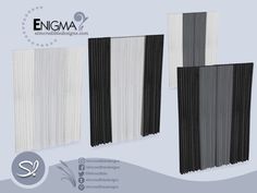 three different types of pleated curtains with black, white and grey stripes on them