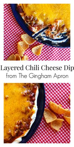 layered chili cheese dip from the gingham apron is an easy appetizer