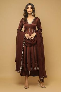 Shop for Ahi Clothing Brown Heavy Satin Embroidered Anarkali Palazzo Set for Women Online at Aza Fashions V Neck Frock Suit, Brown Suits Women's Indian, Indian Suits For Women Stylish Classy, Elegant Salwar Suits Classy, Brown Anarkali, Suits For Women Indian, Suit Neck, Daughter Outfits, Satin Suit