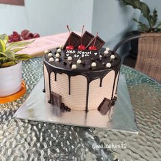 a chocolate cake sitting on top of a glass table next to a potted plant