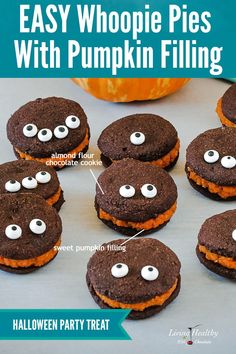 chocolate cookies with googly eyes are arranged on a table next to a pumpkin and text that reads healthy easy woopie pie cookies low carb / pale gluen treat