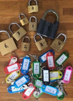 several keys with numbers on them and padlocks attached to the locks are shown