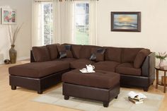 a living room with a brown sectional couch and ottoman