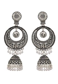 Brass Based Jhumka Style Earrings in Silver This Oxidised pair is Allured with Artificial Pearls Its Length and Width are 8.5 and 4 cm respectively Cheap Oxidized Round Earrings, Cheap Oxidized Metal Earrings, Cheap Festive Jhumkas For Navratri, Partywear Earrings, Oxidised Jhumka, Jumka Earrings, Antique Bridal Jewelry, Utsav Fashion, Centre Stage