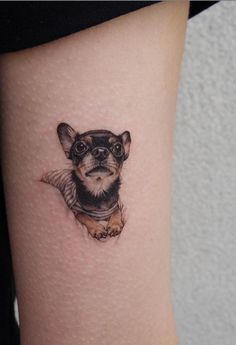 a small dog tattoo on the ankle with a black and white image of a chihuahua