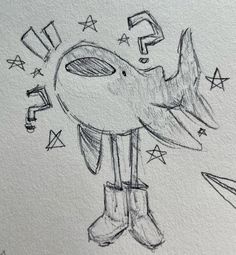 a drawing of a bird with boots on it's feet and an arrow above its head