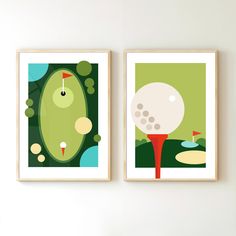 two framed golf art pieces hang on the wall next to each other in a living room