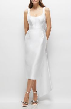 A bountiful bow enhances your exit in this satin twill cocktail dress designed with a corset-insired bodice for added allure. 46 1/2" length (size 8) Hidden back-zip closure Square neck Scoop back Lined 100% polyester Dry clean or machine wash, tumble dry Imported Midi White Dress Wedding, Midi Wedding Dress, Midi Gowns, Midi Bridesmaid Dress, Alfred Sung, White Cocktail Dress, Bow Back, Midi Cocktail Dress, Satin Midi Dress