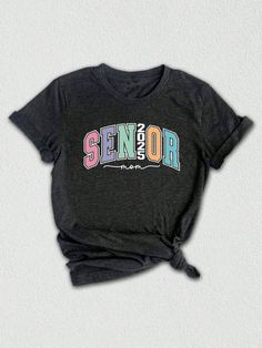 Get ready to celebrate the graduating class of 2025 with this trendy and stylish Senior 2025 T-shirt!  Designed specifically as a thoughtful graduation gift, this tee is perfect for seniors, college students, and anyone looking to commemorate this special milestone in style. Featuring a unique design that combines all the key elements of a truly memorable senior year, this shirt is a must-have for anyone in the class of 2025. ✨ The eye-catching graphic showcases the words "Senior 2025" in bold, School Spirit Crew Neck T-shirt For Graduation Party, Casual T-shirt With Text Print For Graduation, Black Letter Print T-shirt For Graduation, Graduation Letter Print Crew Neck T-shirt, Black T-shirt With Letter Print For Graduation, Black Tops For College End Of School Year, School Spirit T-shirt With Graphic Print For Graduation, Black T-shirt With Graphic Print For Graduation, Black Graphic Print T-shirt For Graduation