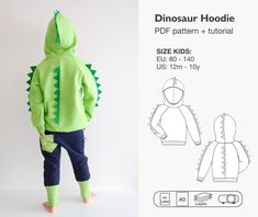 SEWING PATTERN: DINOSAUR HODDIE What child wouldn't want to pretend to be a dinosaur? Let dreams come true using my pattern to make just the perfect outfit for your little "Dino-Fan"! If you do not want the dinosaur style, do not add the spikes, and you'll have a regular hoodie for your child. Follow our Facebook community and share your photos using this design with other group members and ask for advice, new ideas, and offers available exclusively for members. Join our community!! Be one of us. https://www.facebook.com/groups/ivlhechoconamor Additional pictures here: www.ivlhechoconamor.com/post/839461488508/ PATTERN TYPE: PDF - A4/ USLetter, A0 and Projector (layered). AVAILABLE SIZES: US: 12 months - 10 years EU: 80 - 140 SEWING LEVELS: Confidence beginners. DESIGNED FOR: Knit fabrics. Sweatshirt Sewing Pattern, Sweatshirt Sewing, Hoodie Sewing, Dinosaur Hoodie, Hoodie Sewing Pattern, Kids Jumpers, Hoodie Pattern, Sewing Patterns For Kids, Pattern Sewing