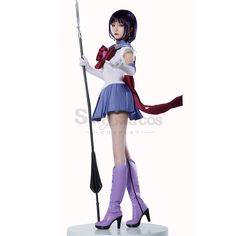 a woman in purple boots is holding a pole