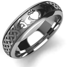 TUNGSTEN Claddagh Wedding Ring UCL1-TUNG6M Tungsten Claddagh Wedding Ring Available in sizes from 6 through 13Width: 6 mmRing picture above is size 10 and weighs around 10 grams.Available also in Titanium, 10K Gold, 18K Gold, Platinum, White Gold, Yellow Gold or Rose Gold.Our Tungsten Claddagh Wedding Ring features 2 claddagh symbol (hands, heart and crown) on the opposite side of the ring, 4 trinity knot and 4 Celtic knot. The length of the Celtic knot is adjusted to fit the size of the ring: s Claddagh Wedding Ring, Claddagh Symbol, Mens Claddagh Ring, Claddagh Ring Wedding, Roi Arthur, Cool Wedding Rings, Claddagh Ring, Celtic Wedding Rings, Trinity Knot