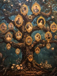 a family tree with many pictures on it