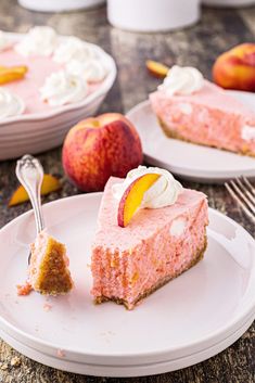 a piece of peach chiffon pie on a white plate with a fork next to it