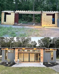 two pictures side by side showing the same building made out of shipping containers and one with doors open