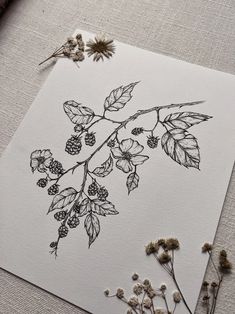 a piece of paper with flowers and leaves on it next to some thread spools