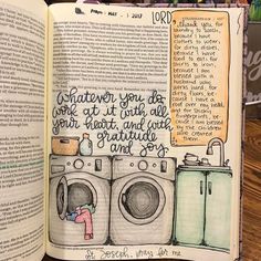 an open book with a drawing of a person in front of a washer and dryer