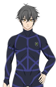 an anime character with grey hair and blue eyes wearing a black suit, standing in front of