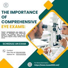 a flyer for an eye exam with two people looking into the microscope and one person in white lab coat