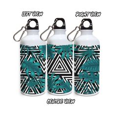 three water bottles with palm leaves on them and the words let't view below