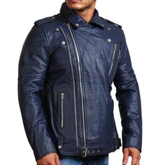 Made to elevate any outfit and a great investment, this biker enthusiast leather jacket in alluring dark blue color is perfect for day to day use. This Dark blue jacket is made to elevate any outfit adding that extra charm to your everyday looks. Men's Blue Motorcycle Leather Jacket for Motorcycle Enthusiast Outfit Type: Motorcycle Leather Jacket Material: Outer: Real Leather Inner: Viscose Color: Blue Pockets: 4 Zipper Pockets Zipper: YKK Collar: Convertible Collar Sizes available from size XS Blue Biker Jacket For Fall Events, Blue Biker Jacket For Fall, Moto Blue Outerwear For Biker Events, Blue Long Sleeve Biker Jacket For Biker Events, Blue Moto Leather Jacket For Fall, Moto Style Blue Outerwear For Biker Events, Fitted Blue Outerwear For Biker Events, Blue Biker Leather Jacket For Fall, Blue Moto Outerwear For Biker Events