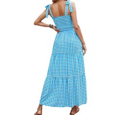 Blue Smocked Bohemia Plaid Print Tiered Maxi Dress Casual Blue Maxi Dress With Smocked Bodice, Casual Blue Smocked Maxi Dress, Blue Casual Maxi Smocked Dress, Casual Blue Maxi Smocked Dress, Blue Ruched Maxi Dress For Vacation, Blue Smocked Maxi Dress For Vacation, Blue Maxi Smocked Dress For Vacation, Blue Bohemian Dress For Picnic, Casual Blue Smocked Beach Dress