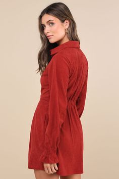 You'll definitely be in the spirit to sip a PSL when you slip into the Lulus Autumn Mood Rust Red Corduroy Mini Dress With Pockets! Soft corduroy shapes this must-have fall dress that features a collared neckline, a fitted bodice, and long sleeves with elasticized flared cuffs. A functional button placket that starts at the bodice continues through the banded waist (with elastic at back for fit) and down the skater-style skirt that boasts pleated detailing, side seam pockets, and a cute mini hem What Is Trending Now, Lulu Fashion, Fall Dress, Button Front Dress, Skater Style, Style Skirt, Button Dress, Dresses Shoes, Red Mini Dress