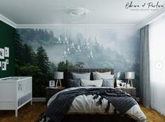 a bedroom with a bed, dresser and wall mural in the background that has trees on it