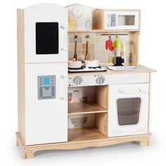 a wooden play kitchen set with white appliances