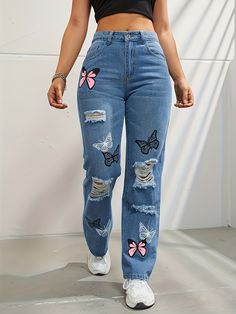 Color: Blue, Size: XL Denim Style Casual, Denim Patterns, Type Of Pants, Denim Trousers, Colored Denim, Straight Pants, Butterfly Print, Casual Fits, Straight Leg Pants