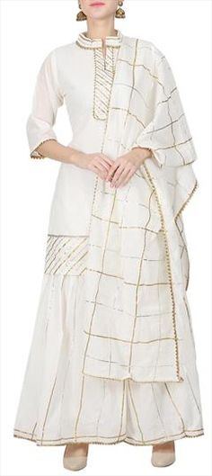 White and Off White color Salwar Kameez in Chanderi Silk fabric with Gota Patti work White Semi-stitched Unstitched Suit With Gota Work, Bollywood Style White Gota Work Unstitched Suit, White Unstitched Suit With Gota Work, White Unstitched Suit With Gota Work For Eid, White Unstitched Wedding Suit With Gota Work, White Unstitched Suit With Mirror Work, White Palazzo Set With Pallu For Eid, White Sharara With Self Design For Festivals, White Anarkali Unstitched Suit With Self Design